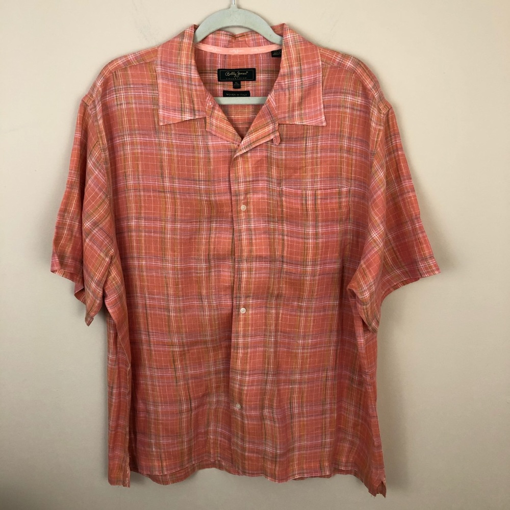 Bobby Jones Shirt Mens XL 100% Linen Orange Plaid Button up Summer